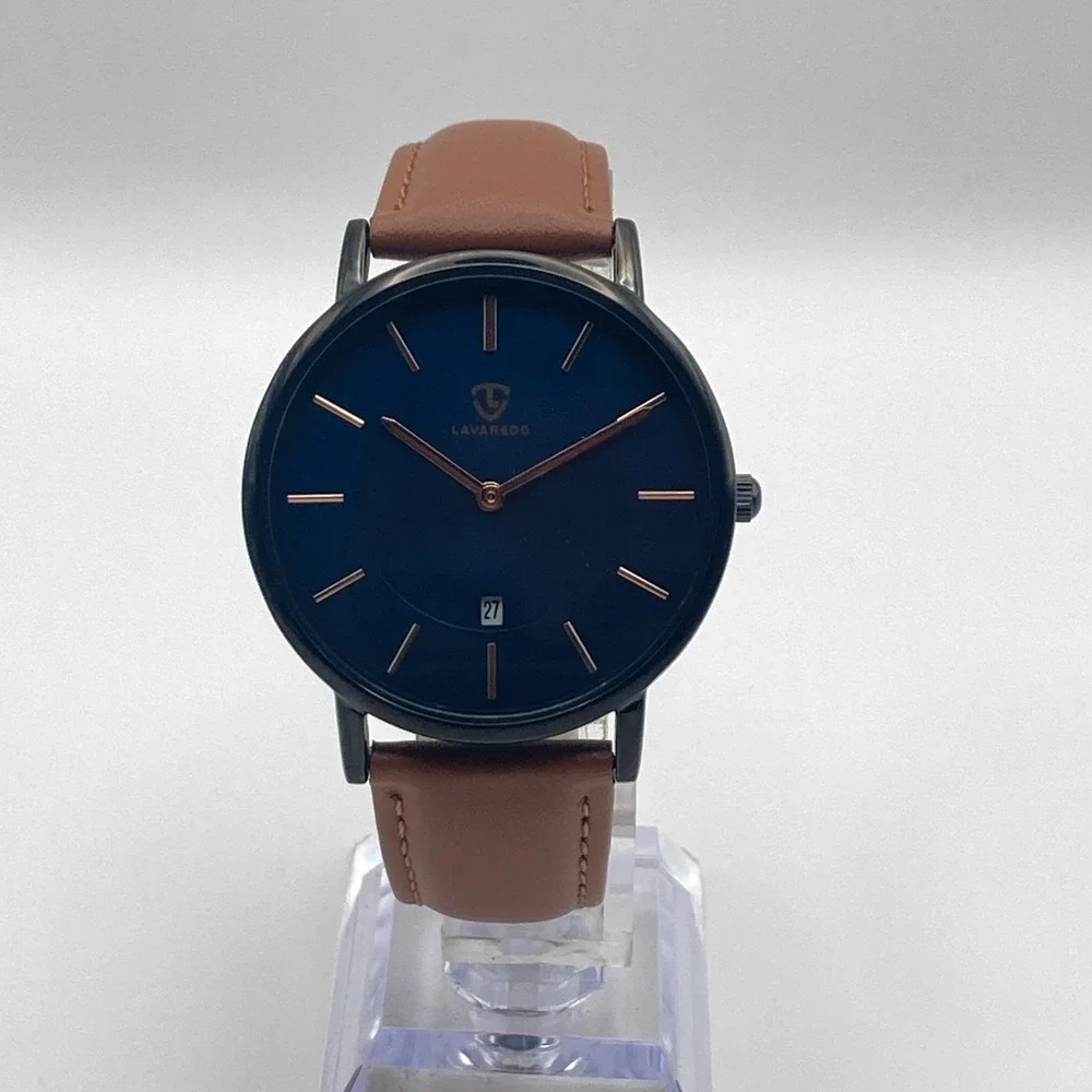Lavaredo Men's Watch 40mm Black Blue Dial Date Brown Leather 30M New Battery 9